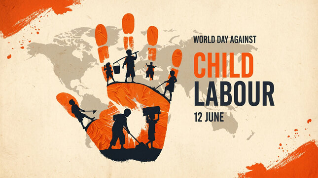 World day against child labour with silhouettes of children working inside large hand, map background.