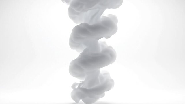 Dynamic white cloud formation expanding and twisting in a fluid, dreamlike dance, captured against a pure white backdrop, conveying mystery and lightness