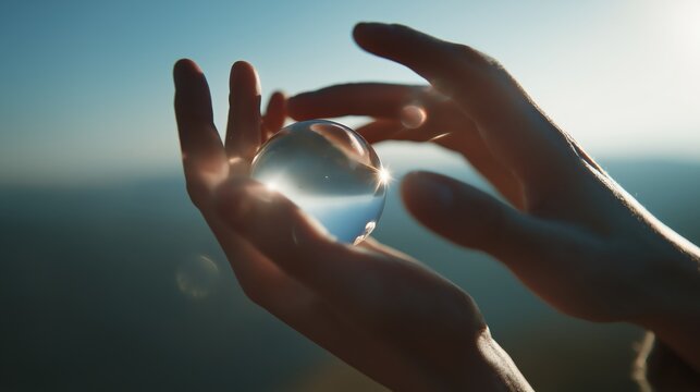 Two hands delicately hold a clear glass sphere reflecting sunlight against a soft sky background.