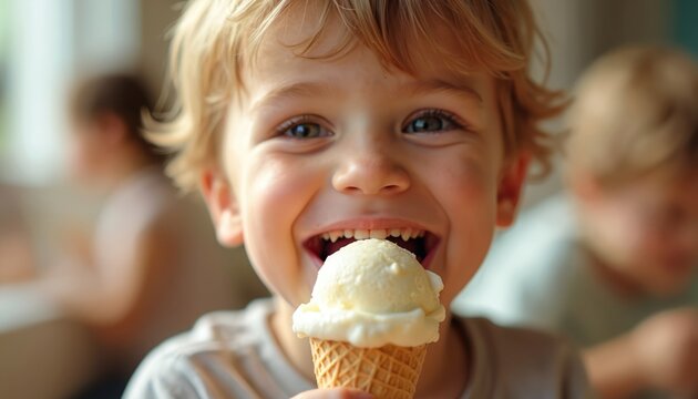 Young boy joyfully eats ice cream cone. Kid laughs with happiness holding sweet dessert. Another children visible blurred in background enjoying treat.