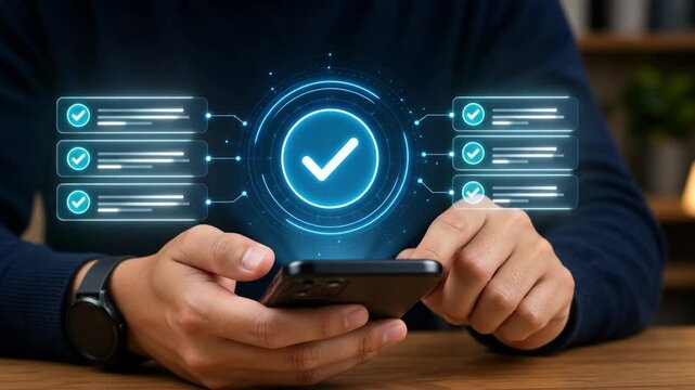 Businessman using Smartphone with Digital Checklist and Check Mark Icon for Quality Assurance and Task Management