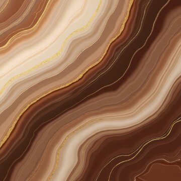Abstract pattern features swirling bands of brown and cream colors accented with fine gold lines. Smooth, flowing lines create a rich, organic texture with subtle depth and elegant contrast.