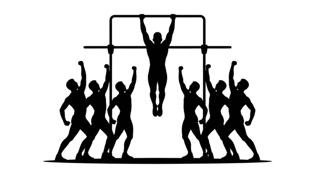Silhouette of a man hanging from a pullup bar surrounded by cheering people