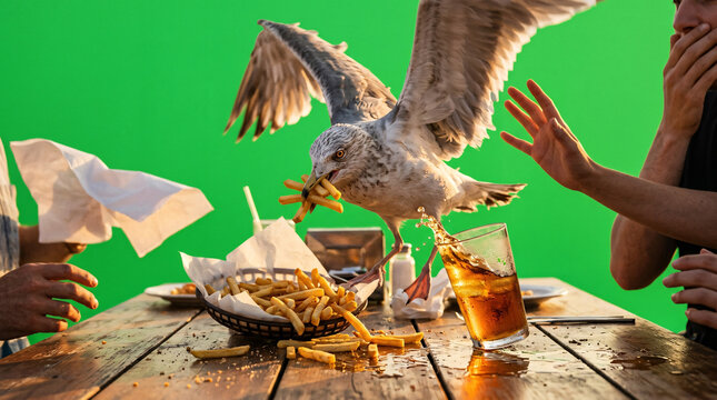 A hungry seagull swoops down to steal french fries from a wooden table, causing a drink to spill while people react in surprise against a green screen.