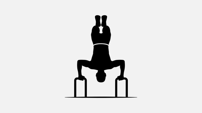 Black silhouette of a person doing handstand on parallel bars