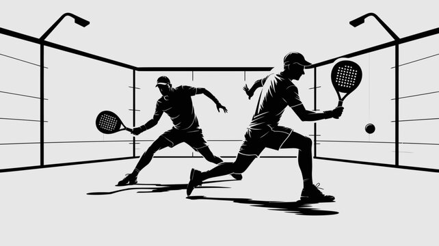 Black and white illustration of two men playing padel tennis with rackets