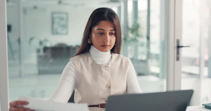 Documents, typing and laptop with business woman for reading, insurance fraud case or research. Investigation results, claims manager and paperwork with person in agency for lability audit and online