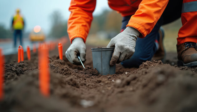Geotechnical engineer takes soil sample with trowel at construction site. Worker in orange vest collects dirt for land analysis. Roadwork project underway. Safety markers visible.