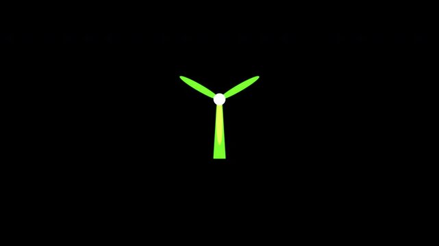Vibrant lime green 2D animated eco wind turbine, rotating to symbolize clean, sustainable energy and ecology, isolated on solid black.