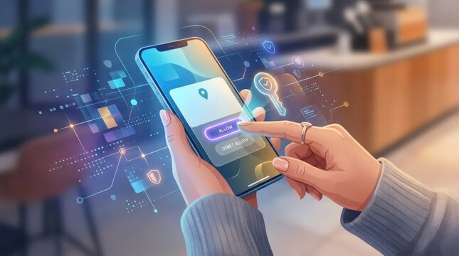 Person holding smartphone with location services and security icons floating around