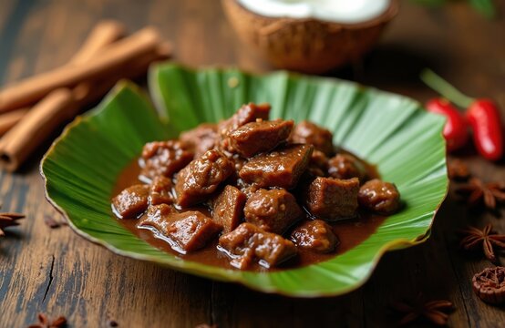 Tender beef rendang stew served on a green banana leaf. Rich brown sauce coats meat cubes. Coconut shell with coconut flesh in background, with spices like cinnamon and star anise.