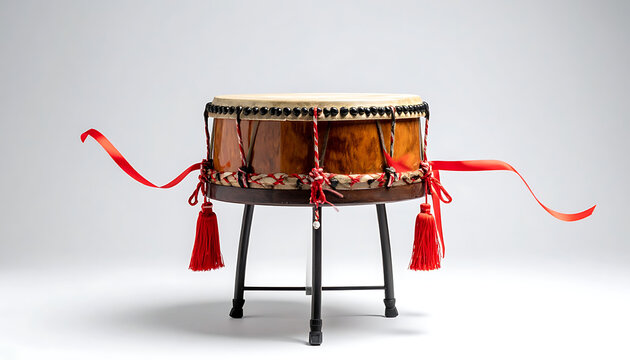 Traditional Japanese taiko drum with red tassels and ribbon, standing on a dark wooden stand against a clean light gray background