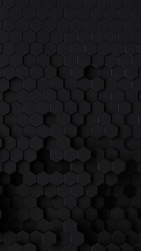 Smooth black honeycomb background of patterned hexagons. Random array of 3d rendered hex shapes creating a visual of sleek, dark, shadowy pattern for futuristic, scientific, or technical backgrounds.