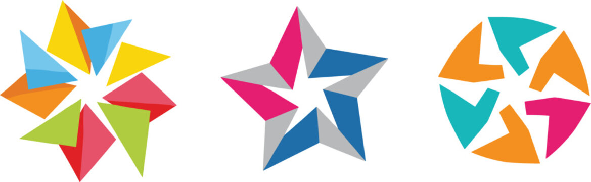 Abstract Geometric Star Logo Icon Set with Colorful Pinwheel and Circular Origami Elements for Business Branding Corporate Identity and Creative Web Design