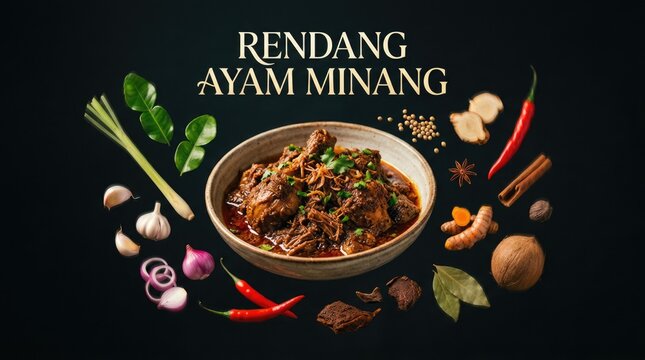 Delicious Rendang Ayam Minang Dish with Fresh Ingredients on Dark Background.