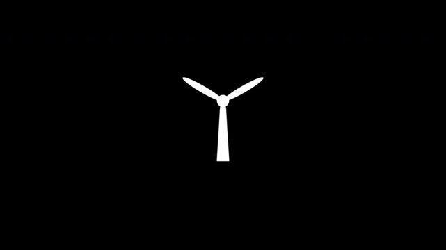 A crisp white flat wind turbine, fluidly rotating to symbolize clean energy and sustainability, animated as a 2D motion graphic isolated on deep black.