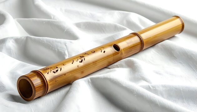 Traditional Japanese shakuhachi bamboo flute with engraved characters rests on a soft white cloth, cultural music instrument