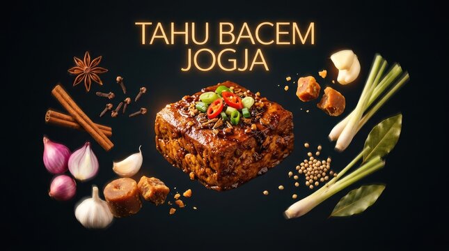 Delicious Tahu Bacem Jogja Dish with Fresh Ingredients on Dark Background.