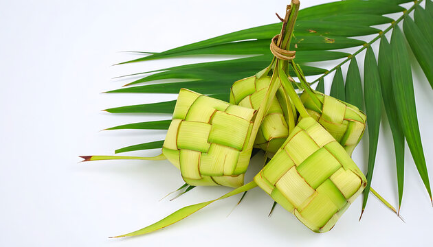 Traditional ketupat rice cakes made from woven palm leaves tied together with twine, with green fern fronds on a white background, festive food preparation