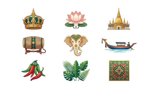 Modern Thailand cultural objects vector illustration with luxury travel and traditional elements
