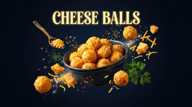 Delicious Cheese Balls in a Bowl with Garnishes and Dark Background.