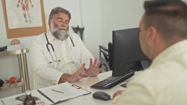 Man doctor with stethoscope gesturing open hands over desk facing a seated patient in a medical building; concern support.
