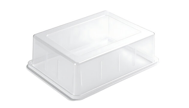 Transparent rectangular plastic container with lid, isolated food packaging, clear takeaway box for bakery items