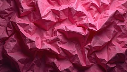 Fototapeta premium Crushed paper creates textured backdrop with folds and shadows. Vibrant magenta hue offers rich surface for design. Blank copy space for text overlay. Useful for graphic arts.