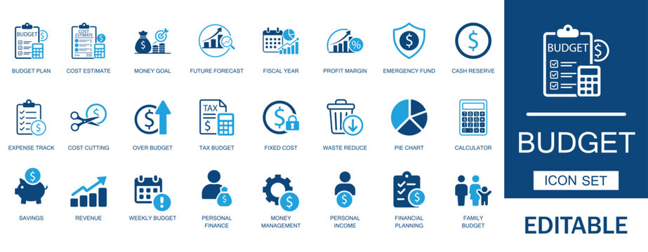 Business budget planning icon set. Featuring financial cost estimate, revenue forecast chart, expense tracking, corporate money management, and tax saving symbols.