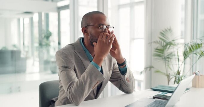 Business man, glasses and laptop with headache for eye strain, internal audit and vision fatigue. Black person, accountant and migraine with tech in office for wrong prescription, brain fog and tired
