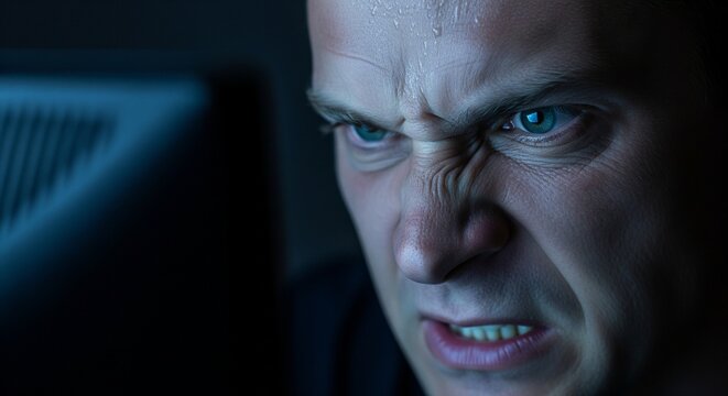 Man's face, contorted with intense anger and deep concentration, illuminated by the blue light of a computer screen, grappling with a complex digital challenge