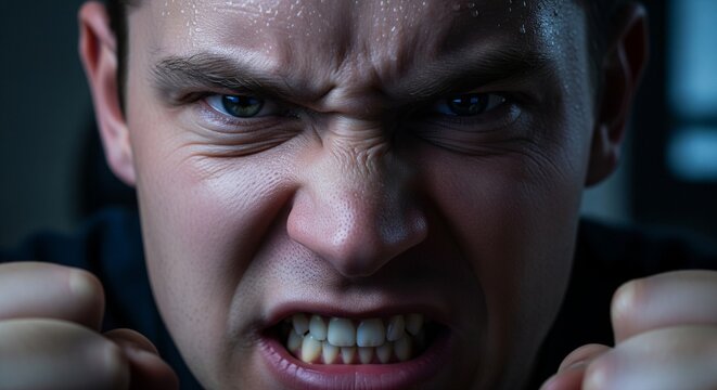 Close-up portrait of a furious young man with an intense, aggressive expression, baring his teeth and clenching his fists, reflecting deep anger and frustration