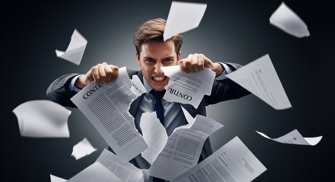Furious businessman intensely ripping apart contracts and documents in a moment of extreme frustration and overwhelming stress, symbolizing workplace pressure and anger