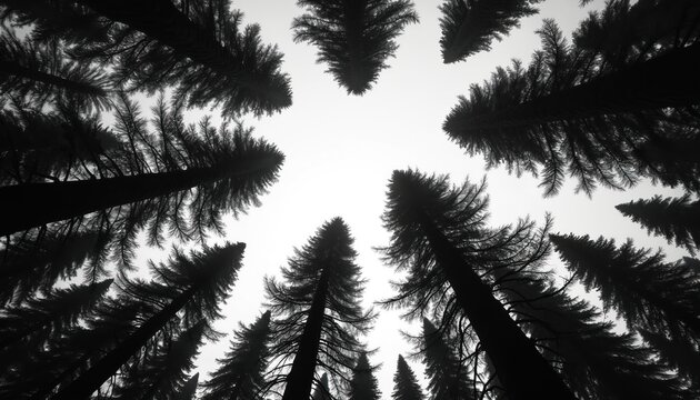 Black and white worm eye view of tall coniferous trees reaching skyward. Dark evergreen forest canopy forms abstract pattern against bright sky. Mystical dense woods, no people.