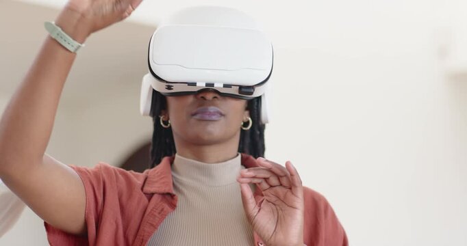 African American women adjusting white VR headsets in home after demo start reaching to select menu