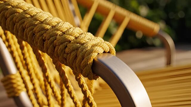 Closeup of a woven yellow rope armrest on a patio chair.