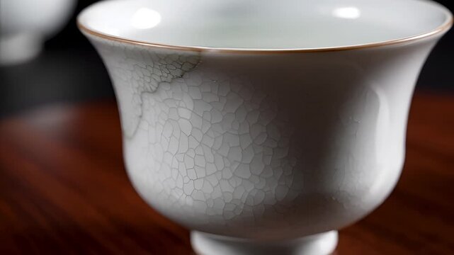 Closeup of an antique celadon tea cup with intricate crackle glaze detail.