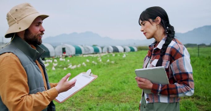 Chicken, handshake and team with people on farm for inspection, agriculture and welcome. Shaking hands, poultry monitoring and greeting with farmers on countryside field for egg records and advice