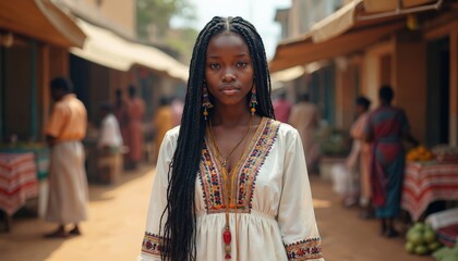 Fototapeta premium Young African woman with braided hair stands in a busy market. She wears a white dress with colorful embroidery and traditional jewelry. People and stalls blur in background.