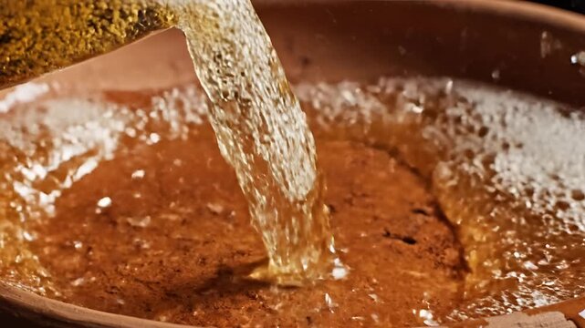 Closeup of golden beer with frothy head being poured.