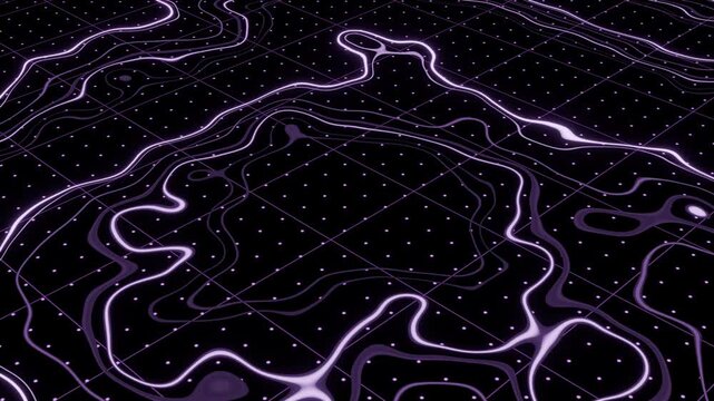 Purple Electric Contour Waves Rising Over Dark Wireframe Grid
