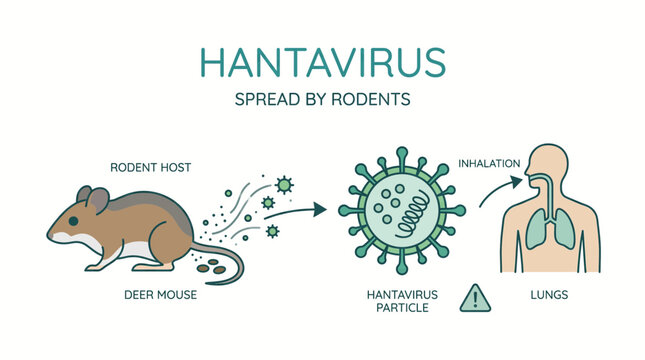 Illustration showing the transmission pathway of Hantavirus from a rodent host, specifically a deer mouse, to humans via inhalation, leading to lung infection.