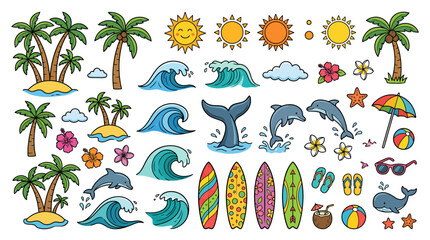 Obraz premium Colorful beach icons including palm trees, waves, dolphins, and surfboards
