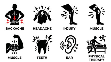 Fototapeta premium Black silhouette icons depicting various body pains and physical therapy