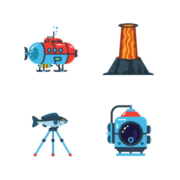 Set of deep sea exploration and scientific research icons including a red submarine volcano eruption and fish on a tripod illustration