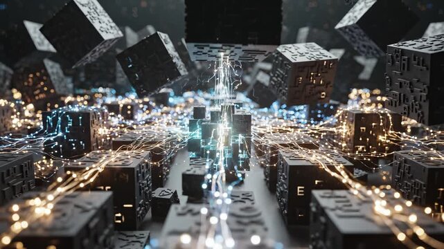 Abstract digital cubes with glowing connections ideal for tech startups and software commercial themes