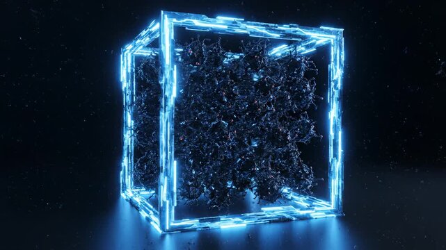 Glowing cube with network structure highlighting vibrant colors and contemporary design