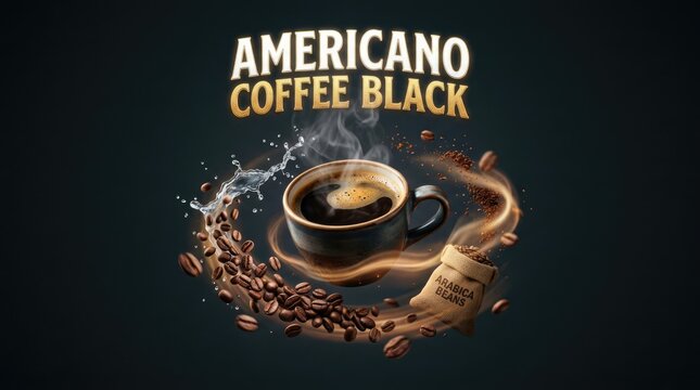 Delicious Americano Coffee in a Black Mug with Coffee Beans and Steam.