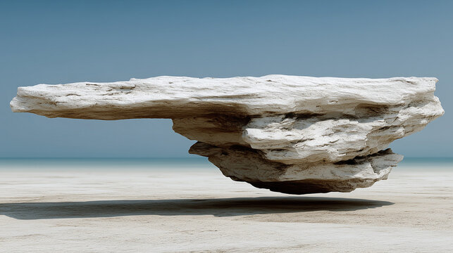 Surreal floating balanced rock and stone in desert background