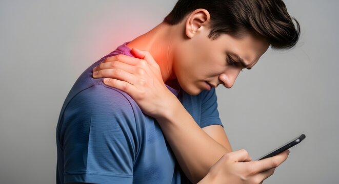 Man with text neck syndrome experiencing neck and shoulder pain from smartphone use, highlighted in red.